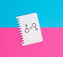 de concept van geslacht gelijkwaardigheid. gescheurd papier met geschilderd vrouw en mannetje symbolen Aan een blauw-roze achtergrond. gelijkheid van rechten van mannen en Dames. foto