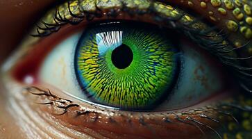 ai gegenereerd dichtbij omhoog van een vrouw oog, leerling van oog, detailopname van groen gekleurde oog, gekleurde oog, mooi gekleurde oog dichtbij omhoog foto