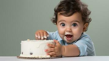 ai gegenereerd aanbiddelijk baby's eerste verjaardag taart verpletteren, kleuter genieten van romig nagerecht, schattig rommelig kind aan het eten taart, perfect voor partij uitnodigingen en familie bloggen. foto