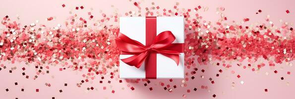 ai gegenereerd banier wit geschenk doos met rood lint temidden van hartvormig confetti Aan roze achtergrond voor Valentijnsdag dag promoties foto