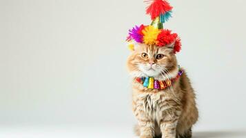 ai gegenereerd banier aanbiddelijk gember kat in partij hoed en feestelijk halsband Aan wit achtergrond - perfect voor verjaardag kaarten of viering thema's foto