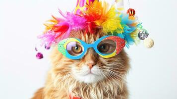 ai gegenereerd kleurrijk partij kat met funky bril en hoed, perfect voor verjaardag groet kaarten en feestelijk viering thema's foto