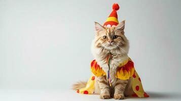 ai gegenereerd banier feestelijk kat in clown kostuum aanbiddelijk pluizig kat gekleed in een kleurrijk clown kleding met polka dots en partij hoed, ideaal voor verjaardag en viering thema's foto