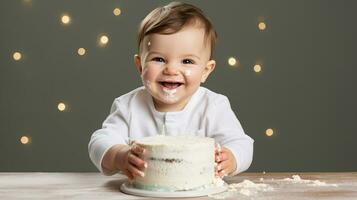 ai gegenereerd gelukkig baby genieten van eerste verjaardag met een rommelig taart verpletteren, blij zuigeling viering moment, perfect voor familie en ouderschap inhoud. foto