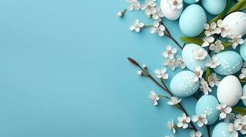 ai gegenereerd voorjaar Pasen achtergrond met pastel blauw eieren en kers bloesems Aan turkoois achtergrond, perfect voor seizoensgebonden groet kaarten en vakantie achtergronden. foto