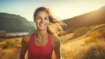 ai gegenereerd gezond vrouw met mooi glimlach. spoor rennen, marathon, triatlon rennen, buitenshuis natuur. foto