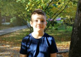 portret van een 9 jaar oud blond jongen in een herfst park. knap Kaukasisch jongen met groot ogen looks in de camera. foto
