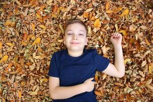 portret van een 9 jaar oud blond jongen in een herfst park. een knap jongen leugens in oranje gedaald bladeren, looks Bij de camera en glimlacht. zonnig dag in de park. foto