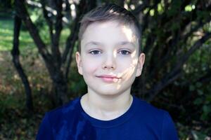 portret van een 9 jaar oud blond jongen in een herfst park. knap Kaukasisch jongen met groot ogen looks in de camera. foto