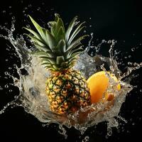 ai gegenereerd ananas viel in de water met spatten zwart achtergrond foto