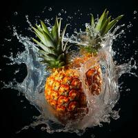 ai gegenereerd ananas viel in de water met spatten zwart achtergrond foto