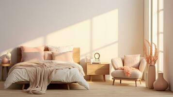 ai gegenereerd bed kamer interieur ontwerp met Scandinavisch meubilair in perzik kleuren en minimalistische stijl foto