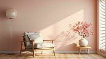 ai gegenereerd leven kamer interieur ontwerp met Scandinavisch meubilair in perzik kleuren en minimalistische stijl foto