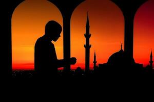 ai gegenereerd moslim Mens bidden in de moskee. neurale netwerk ai gegenereerd foto