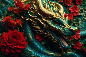 ai gegenereerd een gouden draak met rood bloemen Aan een blauw achtergrond foto