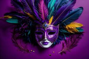 ai gegenereerd een carnaval masker met veren Aan een Purper achtergrond foto