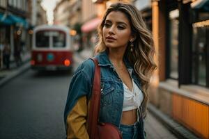 ai gegenereerd schoonheid vrouw portret in de straat, buitenshuis portret, mode model- foto