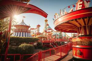 ai gegenereerd een amusement park met ferris en rijdt, geïnspireerd door de familie circus foto