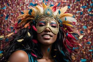 ai gegenereerd een persoon in een carnaval masker omringd door confetti foto