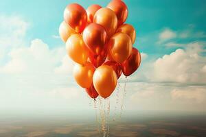 ai gegenereerd bundel van rood en oranje feestelijk ballonnen in de lucht foto