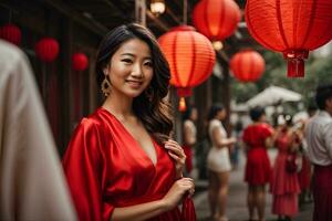 ai gegenereerd een vrouw in een rood jurk Holding een rood ventilator foto