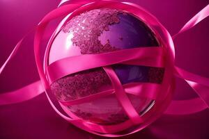 ai gegenereerd een roze lint verpakt in de omgeving van een wereldbol foto