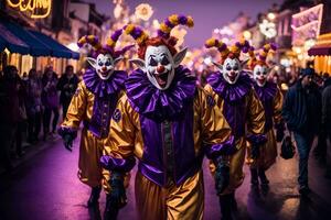 ai gegenereerd een groep van clowns wandelen naar beneden een straat Bij nacht foto