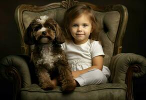 ai gegenereerd aanbiddelijk weinig kind met schattig puppy in fauteuil. genereren ai foto