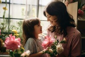 ai gegenereerd weinig dochter en haar moeder zijn kiezen bloemen voor de vakantie in een bloem winkel. moeders dag foto