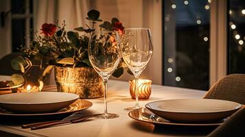 ai gegenereerd feestelijk datum nacht tafellandschap idee, avondeten tafel instelling voor twee en kerstmis, nieuw jaar, valentijnsdag dag decor, Engels land huis styling foto