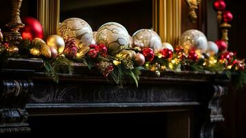 ai gegenereerd Kerstmis Bij de landhuis, Engels platteland decoratie en interieur decor foto