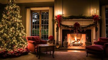 ai gegenereerd Kerstmis Bij de landhuis, Engels platteland decoratie en interieur decor foto
