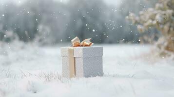 ai gegenereerd Kerstmis vakantie geschenk en Cadeau, geschenk doos in de sneeuw in sneeuwval winter platteland natuur voor boksen dag, vakantie boodschappen doen uitverkoop foto