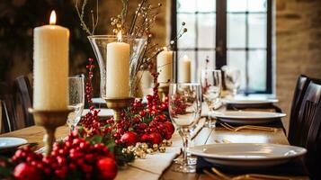 ai gegenereerd vakantie tafel decor, Kerstmis vakantie viering, tafellandschap en avondeten tafel instelling, Engels land decoratie en huis styling foto