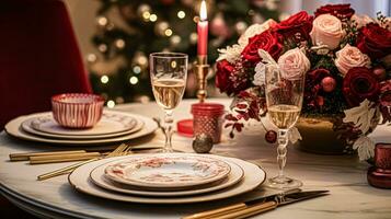 ai gegenereerd feestelijk datum nacht tafellandschap idee, avondeten tafel instelling voor twee en kerstmis, nieuw jaar, valentijnsdag dag decor, Engels land huis styling foto