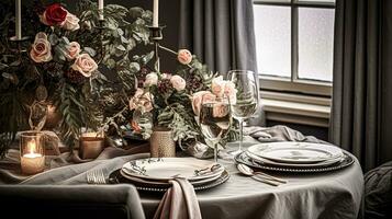 ai gegenereerd feestelijk datum nacht tafellandschap idee, avondeten tafel instelling voor twee en kerstmis, nieuw jaar, valentijnsdag dag decor, Engels land huis styling foto