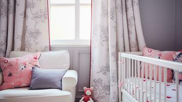 ai gegenereerd baby kamer decor en interieur ontwerp inspiratie in de Engels platteland stijl huisje foto
