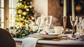 ai gegenereerd Kerstmis vakantie familie ontbijt, tafel instelling decor en feestelijk tafellandschap, Engels land en huis styling foto