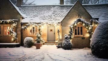 ai gegenereerd Kerstmis in de platteland, huisje en tuin versierd voor vakantie Aan een besneeuwd winter avond met sneeuw en vakantie lichten, Engels land styling foto