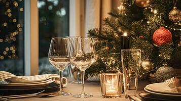 ai gegenereerd feestelijk datum nacht tafellandschap idee, avondeten tafel instelling voor twee en kerstmis, nieuw jaar, valentijnsdag dag decor, Engels land huis styling foto