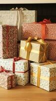vakantie cadeaus en presenteert, land huisje stijl verpakt geschenk dozen voor boksen dag, kerstmis, valentijnsdag dag en vakantie boodschappen doen uitverkoop, schoonheid doos levering foto