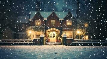 ai gegenereerd Kerstmis in de platteland landhuis, Engels land huis herenhuis versierd voor vakantie Aan een besneeuwd winter avond met sneeuw en vakantie lichten, vrolijk Kerstmis en gelukkig vakantie foto