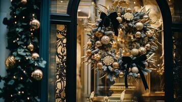 ai gegenereerd Kerstmis decoratie details Aan Engels gestileerd luxe hoog straat stad op te slaan deur of boodschappen doen venster Scherm, vakantie uitverkoop en winkel decor foto