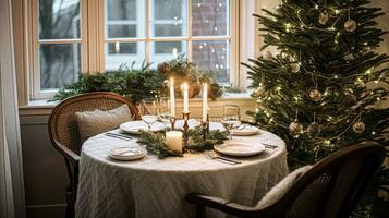 ai gegenereerd feestelijk datum nacht tafellandschap idee, avondeten tafel instelling voor twee en kerstmis, nieuw jaar, valentijnsdag dag decor, Engels land huis styling foto