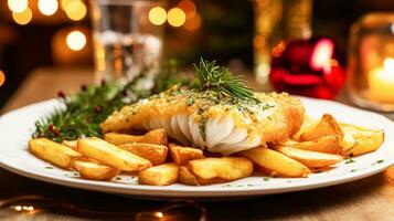 ai gegenereerd vis en chips voor winter vakantie diner, traditioneel Brits keuken recept in Engels land huis, vakantie viering en eigengemaakt voedsel foto