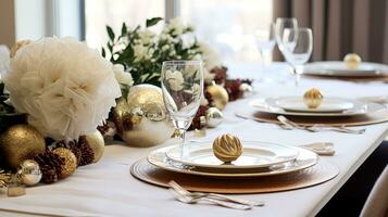 ai gegenereerd Kerstmis tafel decor, vakantie tafellandschap en avondeten tafel instelling, formeel evenement decoratie voor nieuw jaar, familie viering, Engels land en huis styling foto