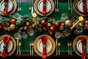 ai gegenereerd Kerstmis tafel landschap, elegant formeel avondeten tafel instelling, tafellandschap met vakantie decoratie voor partij evenement viering, generatief ai foto