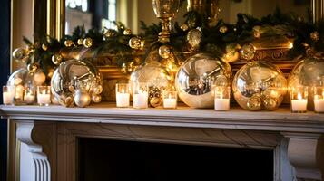 ai gegenereerd Kerstmis Bij de landhuis, Engels platteland decoratie en interieur decor foto