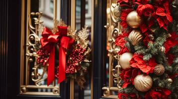 ai gegenereerd Kerstmis decoratie details Aan Engels gestileerd luxe hoog straat stad op te slaan deur of boodschappen doen venster Scherm, vakantie uitverkoop en winkel decor foto