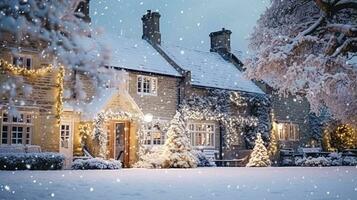 ai gegenereerd Kerstmis in de platteland landhuis, Engels land huis herenhuis versierd voor vakantie Aan een besneeuwd winter avond met sneeuw en vakantie lichten, vrolijk Kerstmis en gelukkig vakantie foto